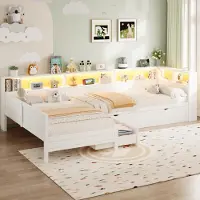OKWISH L-förmiges Kinderbett 90x200 Holzbett Tagesbett mit LED-Leuchten,Bettgestell mit 5 integrierte Ablagefächer,Plattformbett Bettrahmen mit Standardsteckdosen,Weiß(mit Matratze)