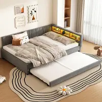MODFU Schlafsofas 140×200 Tagesbett mit Lattenrost und Ablagefach,ausziehbarem Bett mit USB+Typ C,LED-Umgebungslicht, ohne Matratze,Grau