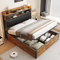 OKWISH Doppelbett 140×200 Bettgestell mit Matratze und gepolstertem Kopfteil,Jugendbett mit Bettkasten und USB,Holzbett mit versteckte Stauraumschicht,schwarz