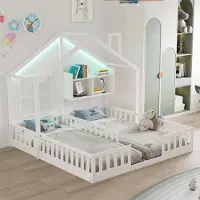 OKWISH Kinderbett Bodenbett 90×200 cm mit LED Bleuchtung,Doppelbett mit Stauraum und Sicherheitsgeländer, Holzbett mit Fenstern und Lattenrost,Weiß(mit Matratze)