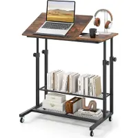 Costway Betttisch auf Rollen höhenverstellbar, Pflegetisch mit Tischplatte, Ablage & Kantenschutz, C-Förmig Laptoptisch, 80 x 40 cm Beistelltisch