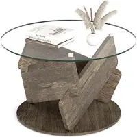 Costway Glastisch, Couchtisch mit Glastop & Massivholzrahmen, Rustikaler Beistelltisch, Akzenttisch grau für Wohnzimmer und Büro, φ 81cm x 49cm