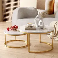 MODFU 2er-Set Couchtische rund,Satztisch,Wohnzimmertisch mit Golden Metallrahmen und Weißer Tischplatte,stapelbarer Beistelltisch für Balkon