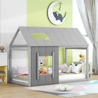 Muvano 90 x 200 Kinderbett, Kinderbett in Hausform, Einzelhaus-Flachbett mit Dach und Fenster, Dunkelgrau + Hellgrau (ETA:12/8)