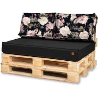 Blomster Palettenkissen 120 x 80 Set für Palettenmöbel Wasserdicht Europaletten Sitzkissen EU Palettensofa komplett besteht aus 3 Teilen in Farbe schwarz mit Rosen