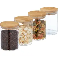 Relaxdays Vorratsgläser mit Bambusdeckel, 4er Set, kleine Vorratsdosen aus Glas, 750 ml, luftdicht, transparent/natur