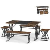 Costway 5-teiliges Esstisch Set für 4-6 Personen, rechteckiger Esszimmertisch mit 2 Bänken&2 Stühlen, industrielle Essgruppe, Küchentisch Metallrahmen
