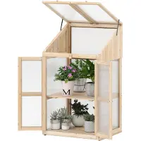 Costway 2 Etagen Frühbeet, aus Holz & PC, Hochbeet wetterfest, Gewächshaus mit 2 Türen, Deckel & abnehmbaren Regalen, Treibhaus 69x58x121cm Natur