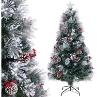 Costway Weihnachtsbaum künstlich 180cm mit Tannenzapfen & Beeren, Tannenbaum mit Schnee, kaltweißen LEDs, Glasfaser & Sternspitze, 8 Modi Grün Weiß