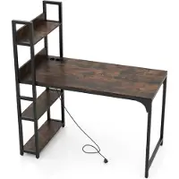 Costway Computertisch mit Ladenstation, 120 CM Schreibtisch mit offenem Bücherregal, AC-Steckdosen, USB-A-Anschluss & Typ-C-Anschluss