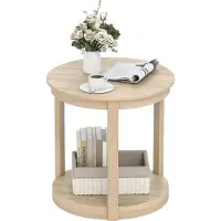 Costway Runder Couchtisch, 2-stufiger runder Tisch mit Ablagefach & Beinen aus Gummibaumholz, rustikaler Landhaus-Cocktailtisch, Akzent-Teetisch