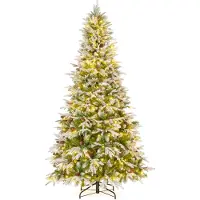 Costway Künstlicher Weihnachtsbaum 225cm, Tannenbaum mit Schnee, 470 warmweißen LEDs & 81 Tannenzapfen, Christbaum, Kunstbaum Weihnachten
