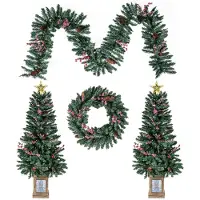Costway Künstlicher Weihnachtsbaum im Topf 2er Set, 120cm Mini Tannenbaum mit Weihnachtsgirlande, Weihnachtskranz, Kiefernzapfen, Beeren&Stern, Grün