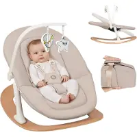 Lionelo Babywippe Celia Rocker mit Verstellbarer Rückenlehne, ab Geburt bis 9 kg, 5 Punkt Gurt und Spielbogen mit Kissen Wood Natural