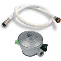 Kemper Packung mit flexiblem Gasschlauch 2 m + Butan-Druckminderer mit Clipverschluss Quick-On Valve Diam 27mm Mit Gas-Stop-Sicherung
