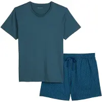 Marc O'Polo Shorty , Herren, Gr. S, blau (gedämpftes blau), Jersey, Obermaterial: 100% Baumwolle, bequem kurz, Rundhals, Homewear-Sets Shorty, mit kurzem Arm, Rundhalsausschnitt und gemusterter Hose