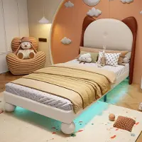 STILVORA 90x200 Kinderbett mit Matratze&Katzenohren-Kopfteil,Polsterbett mit LED-Beleuchtung und Lattenroste,Einzelbett PU,Beige+Gelbbraun