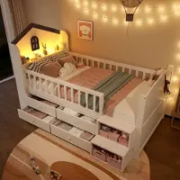 Flieks Kinderbett Hausbett 90x200cm, Etagenbett mit Led und Schubladen, Kinder Hochbett mit Treppe und Lattenrost, Weiß