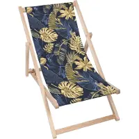 Dreamroots klappbar Holz, Buchenholz bis zu 130 kg, Sonnenliege klappbar mit 3-stufiger Neigungsregulierung der Rückenlehne, Monstera Gold Navy Blue