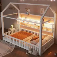 STILVORA Kinderbett 90x200cm, Plattformbett mit robusten Metallrahmen und LED-Beleuchtung, Hausbett mit der klassischen Hausform, weiß