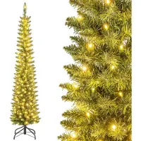 Costway 180cm künstlicher Weihnachtsbaum Bleistift, Tannenbaum mit Beleuchtung, LEDs in Warmweiß, schlanker Christbaum für Weihnachten, Kunstbaum mit Metallständer, Grün