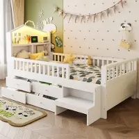 MODFU Jugendbett Kinderbett 90x200 Massivholzbett Stauraumbett mit LED-Leuchten und vier Schubladenlager,Bettrahmen mit Ladeanschlüssen und Treppen, Weiß(ohne Matratze)