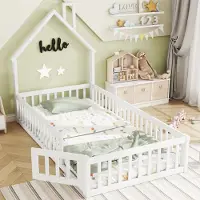 STILVORA Kinderbett 90×200 mit Matratze Hausbett Bodenbett in Schornsteinform Jugendbett aus Massivholz mit Lattenrost,weiß
