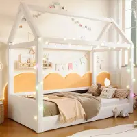STILVORA Kinderbett 90 x 200 cm, Hausbett mit LED-Lichtleisten, Gepolstertes Tagesbett, Beige, Einfache Montage