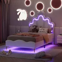 Flieks Polsterbett 90x200cm mit Lattenrost, Kinderbett mit Kronenförmigem Kopfteil, Jugendbett Einzelbett mit Led, Prinzessinnenbett Holzbett, PU