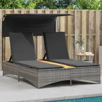 vidaXL "im " Doppel-Sonnenliege - 2-Personen-Liegestuhl - für den Garten - mit Dach und Auflagen Grau Poly Rattan - Gartenliegen CC16822