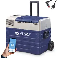 Veska Kompressor Kühlbox elektrisch, Kühltruhe mit APP-Steuerung, USB-Anschluss, Teleskopstange, Räder, 12/24V, 230V - 62 Liter - blau