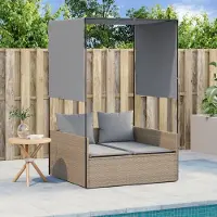 vidaXL "im Angebot" Doppel-Sonnenliege - 2-Personen-Liegestuhl - für den Garten - mit Dach und Vorhängen Beige Poly Rattan - Gartenliegen CC17474