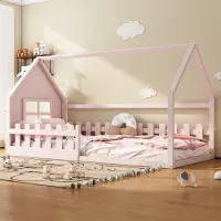 SOFTWEARY Hausbett mit Lattenrost, Rausfallschutz und Zaun, 90x200 cm, Kinderbett, Einzelbett