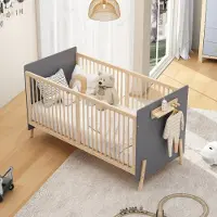 OKWISH Babybett 70x140 Massivholz höhenverstellbar umbaubar Beistellbett Sofabett Kinderzimmer Blau(ohne Matratze)