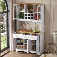 STILVORA Sideboard mit Arbeitsfläche und Große Staufächer,Buffetschrank mit 2 Glastüren,Hochschrank mit Soft-Clamp-Scharniere,Weiß + Holzmaserung