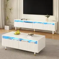 Merax LED Wohnwand-Set 2-teilig, TV-Ständer mit 4 Türen und Couchtisch mit 2 Schubladen, Wohnzimmermöbel mit LED und Wellenstruktur, Weiß-Gold
