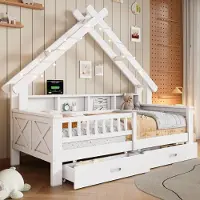 STILVORA Kinderbett 90x200 cm mit Matratze Bettgestell mit LED-Beleuchtung und Schutzgitter,Hausbett mit Ablagefächern und 2 Schubladen, Holzbettmit stabilem Gestell,Weiß