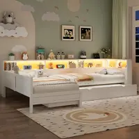 Flieks L-förmiges Bett Kinderbett 90x200cm mit Ausziehbett, Jugendbett mit Led und Ladefunktion, Holzbett mit Schubladen, Weiß
