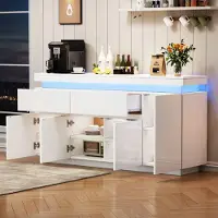OKWISH Sideboard Hochglanz-Schubladenschrank mit 2 Schubladen,kommode mit LED Beleuchtung Wohnzimmerschrank mit 4 Türen und Stauraumfächern,Weiß