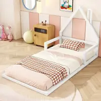 OKWISH Kinderbett mit Matratze 90×200 Jugendbett mit Lattenrost Bodenbett Flachbett Hausformbett,Mit Kaminform,Weiß