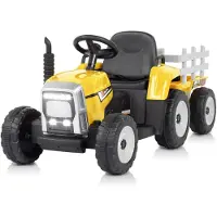 FCH 12V 7Ah Elektrotraktor mit abnehmbarem Anhänger und 2,4G Fernbedienung, Kinder Aufsitztraktor mit LED Lichtern, Musik, Hupe & USB Funktionen, Gelb