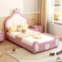 STILVORA Polsterbett 90×200 cm mit Matratze, Kinderbett mit Kranzleiste, kindliche Leistengestaltung am Kopf- und Fußende, zweifarbiges Patchwork-Design, Kunstlederstoff, Rosa