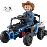 Costway COSYWAY Kinder Elektroauto mit abnehmbarem Anhänger, 12V Kinderauto elektrisch mit 2,4G Fernbedienung, Federdämpfer, Licht&Musik, für Kinder 3+Blau