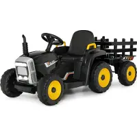 Costway 12V 3-Gang Traktor mit abnehmbarem Anhänger und 2,4G Fernbedienung, Kinder Aufsitztraktor, für Kinder ab 3 Jahren (Schwarz)