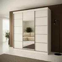 Beautysofa | Schiebetürenschrank MONIKA 200 cm mit Spiegel – Kleiderschrank Weiß mit dekorativen Silber Sprossen, 3 Schiebetüren