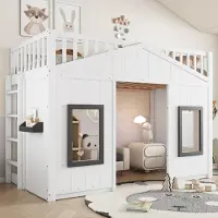 Sweiko Etagenbett, Hausbett, mit Treppe, mit Fallschutz und Gitter, Kinderbett mit Fenster, Frei gestaltetes Unterbett, Rahmen aus Kiefer, Kiefer+MDF, Weiß, 90x200cm