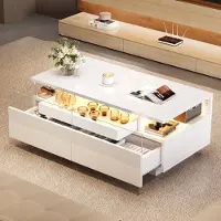 OKWISH Couchtisch Sofatisch mit Hochglanz Beistelltisch aus gehärtetem Glas mit 2 Schubladen,kaffeetisch mit LED-Licht,Weiß