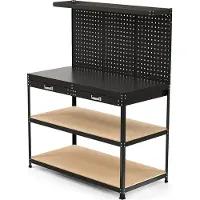 Costway Werkbank Arbeitstisch, Werktisch Werkzeugbank bis 230kg mit Lochwand, Schubladen, regalen & 24 Hängehaken 121x65x156cm Schwarz