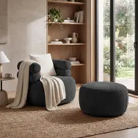 Beautysofa Drehsessel-Set NANO Schwarz – Drehsessel 360° mit runder Form mit Hocker, Relaxsessel, Lesesessel, Sitzhocker, Fußhocker und Zierkissen