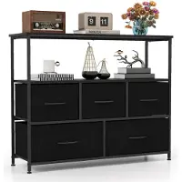 Costway Kommode mit 5 Stoff Schubladen & Regalen, Schubladenschrank mit Holzplatte & Metallrahmen, Aufbewahrungsschrank, 100 × 30 × 80 cm, Schwarz